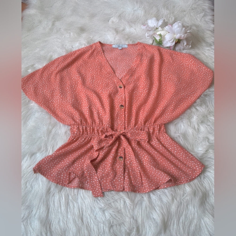 Sweet Rain Coral Polka Dot V-Neck Blouse Size S